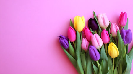 Colorful bouquet of tulips on vibrant pink backgroundの素材