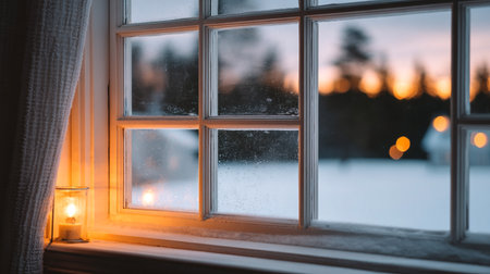 Cozy candle-lit window scene with frosted glass and a winter sunset outside.の素材