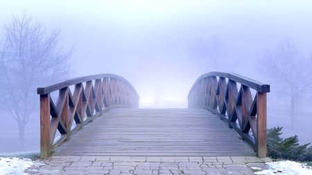 A wooden bridge with geometric railings stretches into a misty winter parkの素材