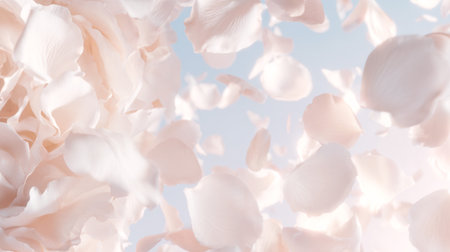 Light pink rose petals floating in the air with soft focus and cloud dancer tones against a pastel sky.の素材