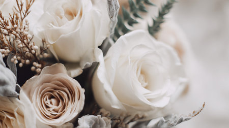 Elegant bouquet of white and beige roses with dried elements in soft Cloud Dancer tonesの素材