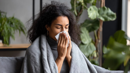 Female with curly hair, wrapped in soft blanket, sitting on sofa, holding tissue, expressing discomfort, surrounded by plants and warm ambiance in cozy home environmentの素材