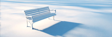 A solitary white bench rests in a snow-covered area, with soft shadows creating a peaceful ambiance, inviting contemplation and reflection in the winter sceneの素材
