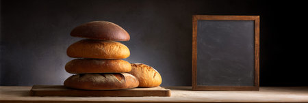 Artisan bread loaves are beautifully stacked on a wooden board next to an empty chalkboard frame, highlighting the inviting textures and warmth of freshly baked goodsの素材