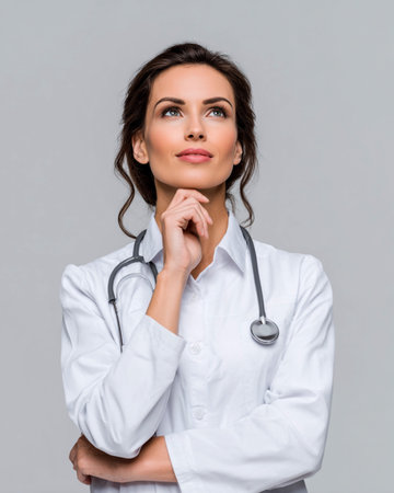Female healthcare worker in a white coat, with a stethoscope, is thoughtfully considering her next steps, showcasing professionalism and commitment to patient careの素材