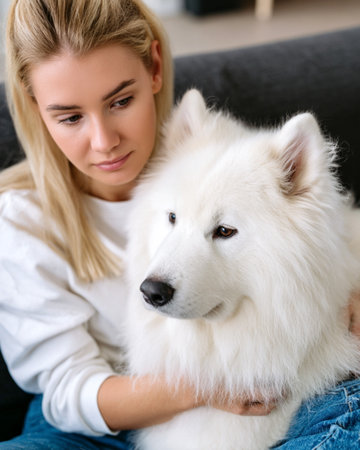 Female with blonde hair is lovingly embracing a fluffy white dog on a comfortable sofa, highlighting the deep connection and companionship shared in a cozy home environmentの素材