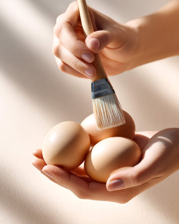 Hands gently hold three brown eggs while painting them with a brush, highlighting a creative culinary activity in a serene and softly lit environmentの素材