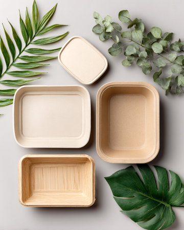 Biodegradable containers displayed on a neutral surface, surrounded by green foliage, highlighting sustainable packaging options for eco-conscious consumers and modern livingの素材