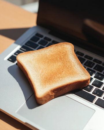 A slice of toasted bread placed on a laptop keyboard, highlighting the blend of culinary and digital elements in a contemporary workspace settingの素材