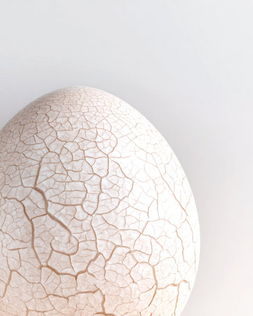White egg with detailed cracks, positioned on a soft light background, representing themes of growth, potential, and new beginnings in a serene atmosphereの素材
