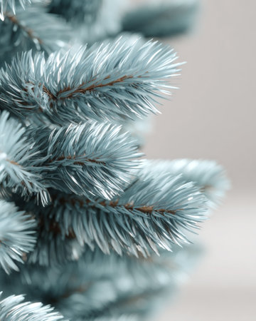 Detailed close-up of artificial evergreen branches with soft blue needles, highlighting textures and colors, ideal for festive decoration and seasonal themesの素材