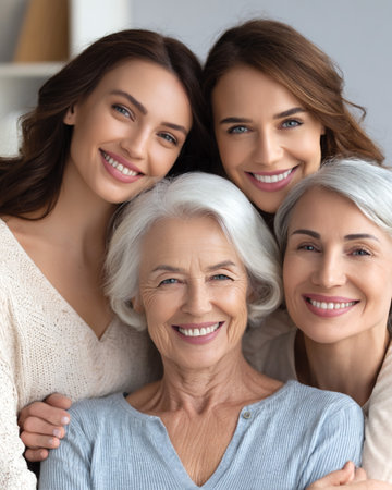 Three women, a senior and two younger adults, are smiling together in a warm indoor environment, highlighting their close relationship and joyful atmosphereの素材