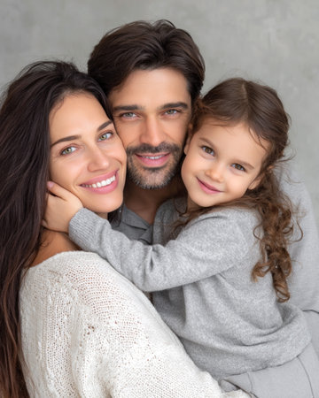 Family portrait captures a woman, man, and girl smiling together, radiating warmth and affection in a cozy indoor environment with gentle lightingの素材