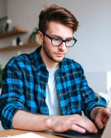Male individual in blue plaid shirt is engaged in typing on laptop in a stylish workspace, highlighting focus and dedication to work in a contemporary settingの素材