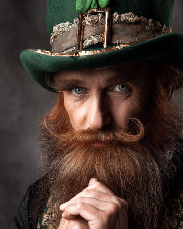Male figure with long beard and green top hat poses with hands clasped in front of face against gray backgroundの素材