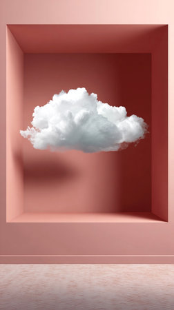 Fluffy white cloud floating inside a geometric pink room creating a surreal and dreamy atmosphere.の素材