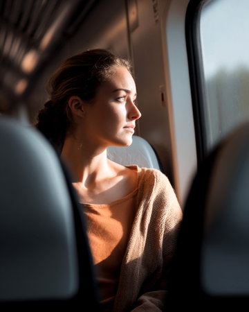 Young woman sitting on train seat looking out the window with soft sunlight on her face. High quality photoの素材