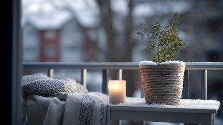 Winter balcony scene showcases a potted plant, lit candle, and soft blanket, evoking a cozy ambiance with snowflakes falling in the backgroundの素材