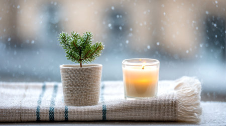 Evergreen plant in a textured pot next to a glowing candle on a soft blanket, with gentle snowfall outside the window, evoking a serene winter ambianceの素材