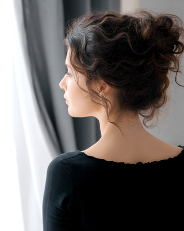 Woman with curly hair is looking out of a window, soft light highlights her profile, creating a peaceful ambiance and inviting reflection on her thoughtsの素材