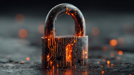 Digital padlock with glowing circuit patterns, set against a dark background, symbolizing cybersecurity and data protection in a modern technological environmentの素材