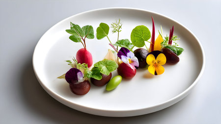 Gourmet dish showcasing vibrant radishes, edible flowers, and fresh greens artfully arranged on a white plate with a neutral backgroundの素材