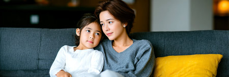 Asian woman and girl relax together on a gray couch in a cozy living room, surrounded by warm lighting and soft decorative elementsの素材