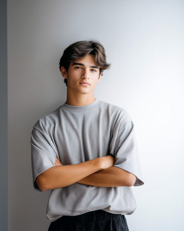 Young man with brown hair poses against a light wall, wearing a gray oversized t-shirt and displaying a relaxed demeanor with arms crossedの素材