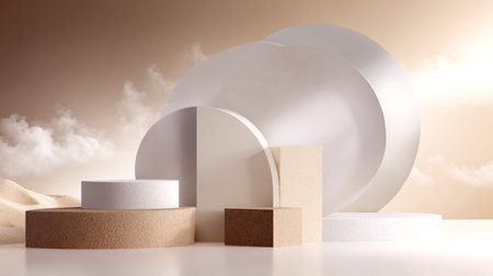 Various geometric shapes in white and beige are arranged on a smooth surface, illuminated by soft...
