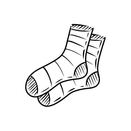 Warm knitted cozy socks hand drawn vector illustration isolated on white background. Engraved sketch vintage drawing made in doodle simple outline style. Autumn, winter present, clothesのイラスト素材