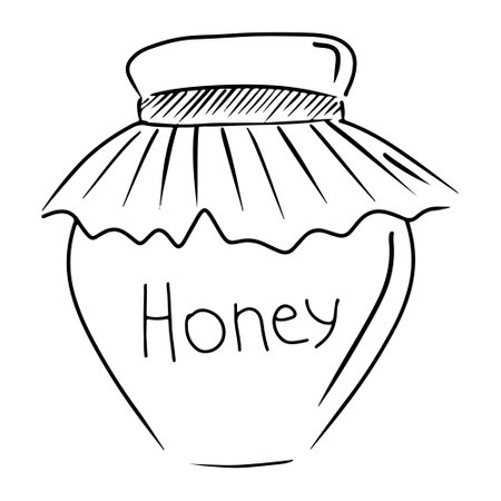 Cozy jar with honey and tissue on the lid and ribbon sketch drawing isolated on white background. Vector hand drawn illustration in vintage engraved doodle simple art style. Winter yummies.のイラスト素材