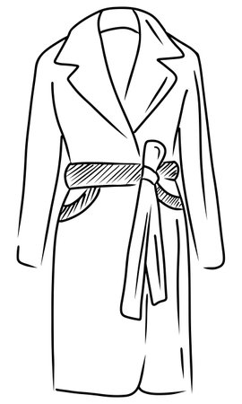 Women's topcoat with belt fashion drawing in black isolated on white background. Hand drawn vector illustration in sketch dooodle style of outerwear. Dressing gown, coat design model.のイラスト素材