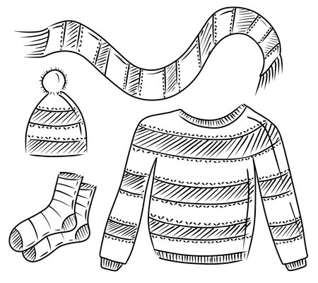 Collection of winter knitted unisex clothes: striped sweater, scarf, hat, socks in black isolated on white background. Hand drawn vector sketch illustrations in simple doodle engraved line styleのイラスト素材