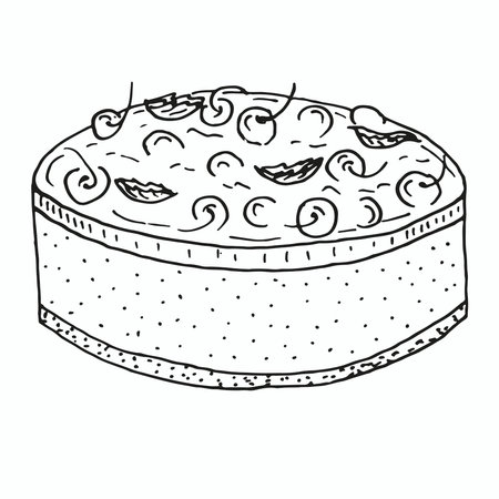 Healthy tasty cheesecake with cherry isolated on white background. Vintage vector hand drawn sketch...