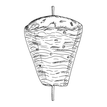 Shawarma pork meat on pole skewer isolated on white background. Vector hand drawn sketch illustration in doodle outline style. Concept of doner kebab, tasty food, steet outdoors, bbq, barbecueのイラスト素材