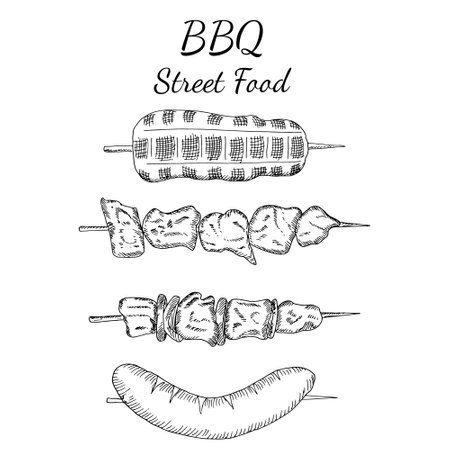 Set of shashlik meat on skewer, shawarma, doner kebab isolated on white background. Vector hand drawn sketch illustrations in doodle outline style. Concept of menu, street fast food, meat, chickenのイラスト素材