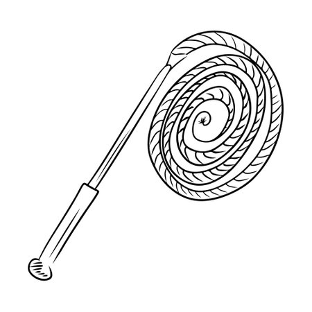 Leather whip knout in black isolated on white background. Hand drawn vector sketch illustration in doodle engraved outline style. Sexual adult role games, dominance, BDSM, animal training.のイラスト素材