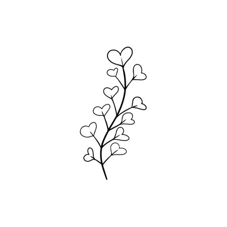 Branch with hearts in black isolated on white background. Vector doodle sketch illustration in simple vintage engraved style. Happy st. Valentines day, love concept, gift, heart leavesのイラスト素材