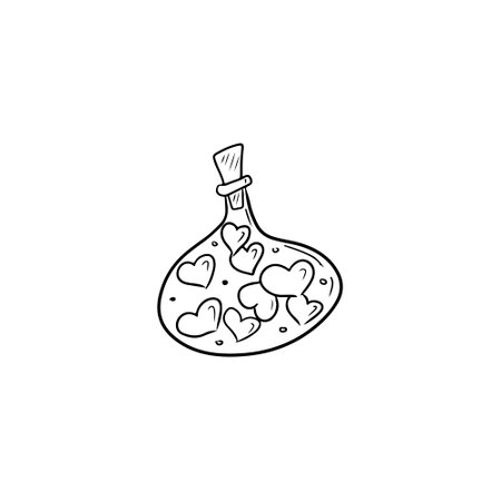 Magic bottle with hearts inside with a cork in black isolated on white background. Flask with love potion for st. Valentines day. Hand drawn vector sketch illustration in doodle line vintage engraved.のイラスト素材