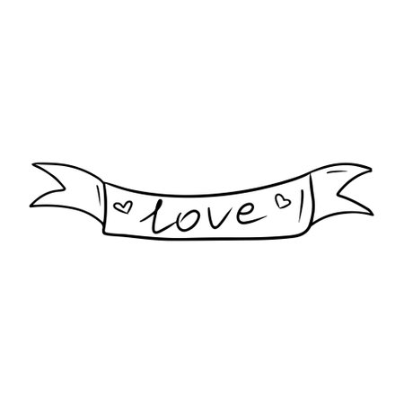 Ribbon stripe banner with hearts and word love. Hand drawn vector sketch illustration in simple doodle engraved vintage style. DEcoration for lovely celebration, Valentines day, date, romanceのイラスト素材