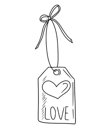 Small label tag with ribbon and heart forgifts, clothes, symbol of love, Valentines day sticker in black on white background. Hand drawn vector sketch illustration in doodle vintage engraved styleのイラスト素材