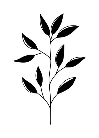 Silhouette branch with leaves, stem in black isolated on white background. Hand drawn vector illustration in doodle line modern trendy style. Floral design, botanical, print, decorative, design, cardのイラスト素材