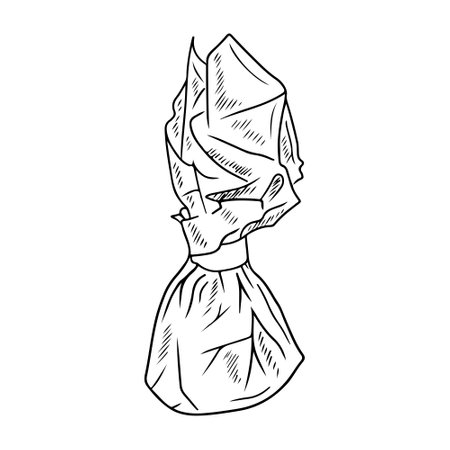 Realistic chocolate candy in wrapping paper in black isolated on white background. Hand drawn vector sketch illustration in doodle engraved vintage outline. Gift, tasty, delicious, bakery, designのイラスト素材