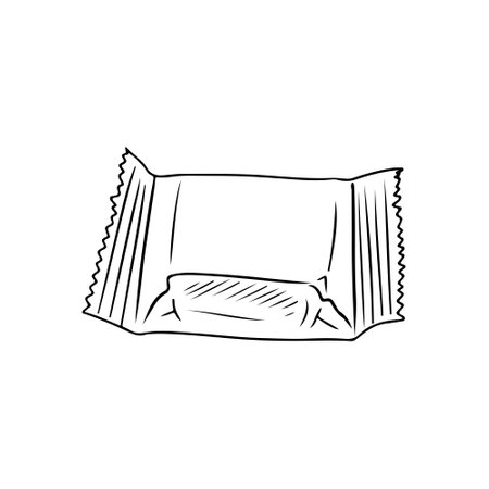 Square realistic waffle chocolate candy in package in black isolated on white background. Hand drawn vector sketch illustration in doodle engraved vintage outline. Gift, tasty, delicious, bakeryのイラスト素材