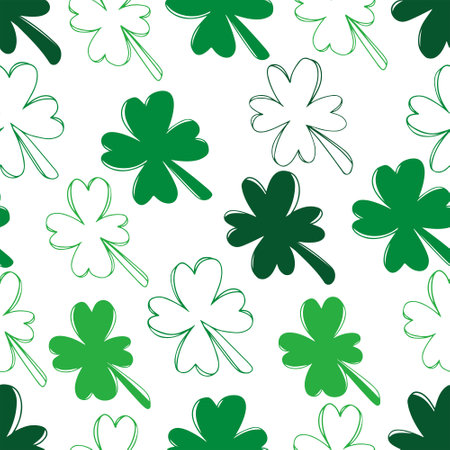 Seamless pattern with green clover isolated on white background. Hand drawn vector silhouette sketch illustration in doodle engraved vintage outline style. St. Patrick's day, lucky, botanical, plantのイラスト素材