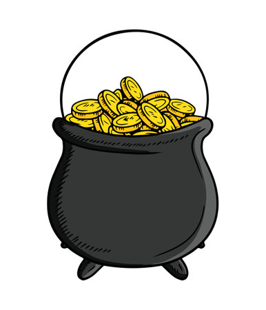 Black cast iron cauldron full of golden coins money pot with leprechaun savings isolated on white background. Saint Patrick's day, wreath, money, lucky, fortune, happy, hand drawn illustrationのイラスト素材
