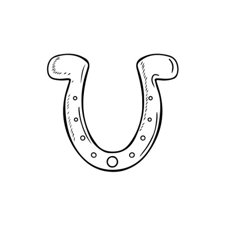Decorative golden horseshoe for luck in black isolated on white background. Hand drawn vector sketch illustration in doodle engraved vintage outline style. St. Patrick's day, wealth, lucky, symbolのイラスト素材