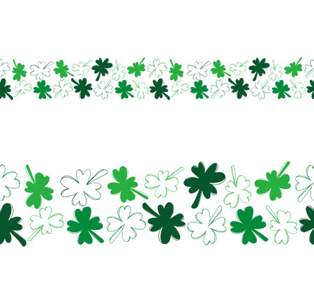Seamless border frame with green clover isolated on white background. Hand drawn vector silhouette sketch illustration in flat lineart style. happy saint Patrick's day, fortune lucky, botanical, plantのイラスト素材