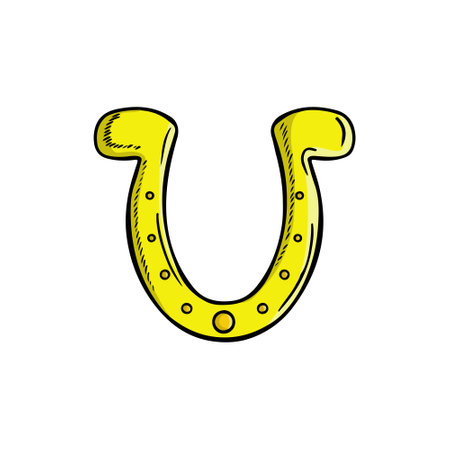 Decorative golden horseshoe for luck isolated on white background. Hand drawn vector sketch illustration in doodle engraved vintage outline style. St. Patrick's day, wealth, lucky, symbol, fortuneのイラスト素材