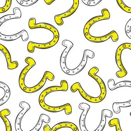 Seamless pattern with golden horseshoe on white background. Hand drawn vector sketch illustration in engraving doodle outline vintage line art style. Fortune, luck, happiness, St. PAtrick's dayのイラスト素材